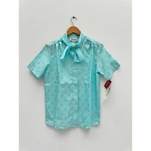 Vintage Joanna Seafoam Blue Bow Tie Secretary Blouse Short Sleeve Size M NWT